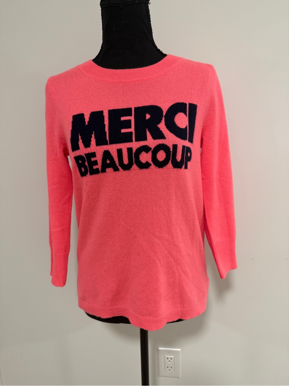NWOT J.Crew 100% Cashmere Merci Beaucoup Sweater XS Coral Graphic Pullover - Picture 2 of 7